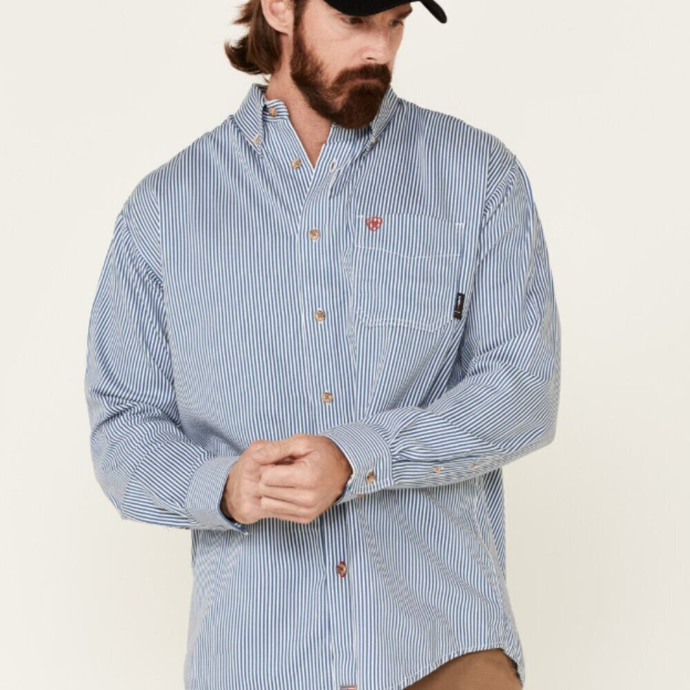 Ariat FR Men's Blue and White Striped Button Down Shirt Size Large Tall